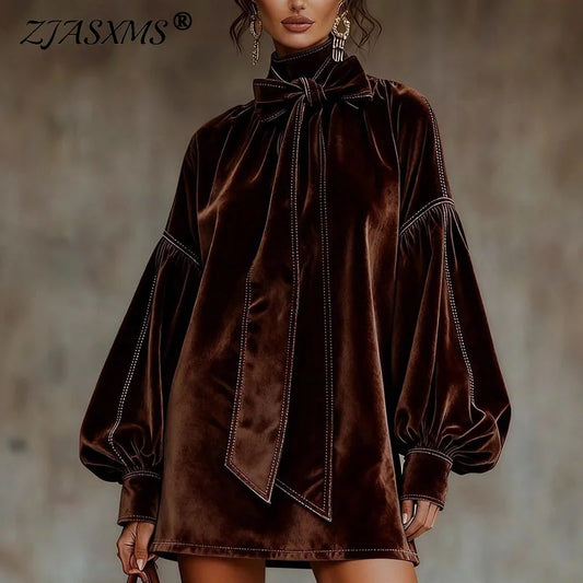 Retro Solid Soft Velvet Elegant Party Dresses Woman Sexy Bowknot Turtleneck Mini Dress Autumn Winter Lantern Sleeve A-Line Dress