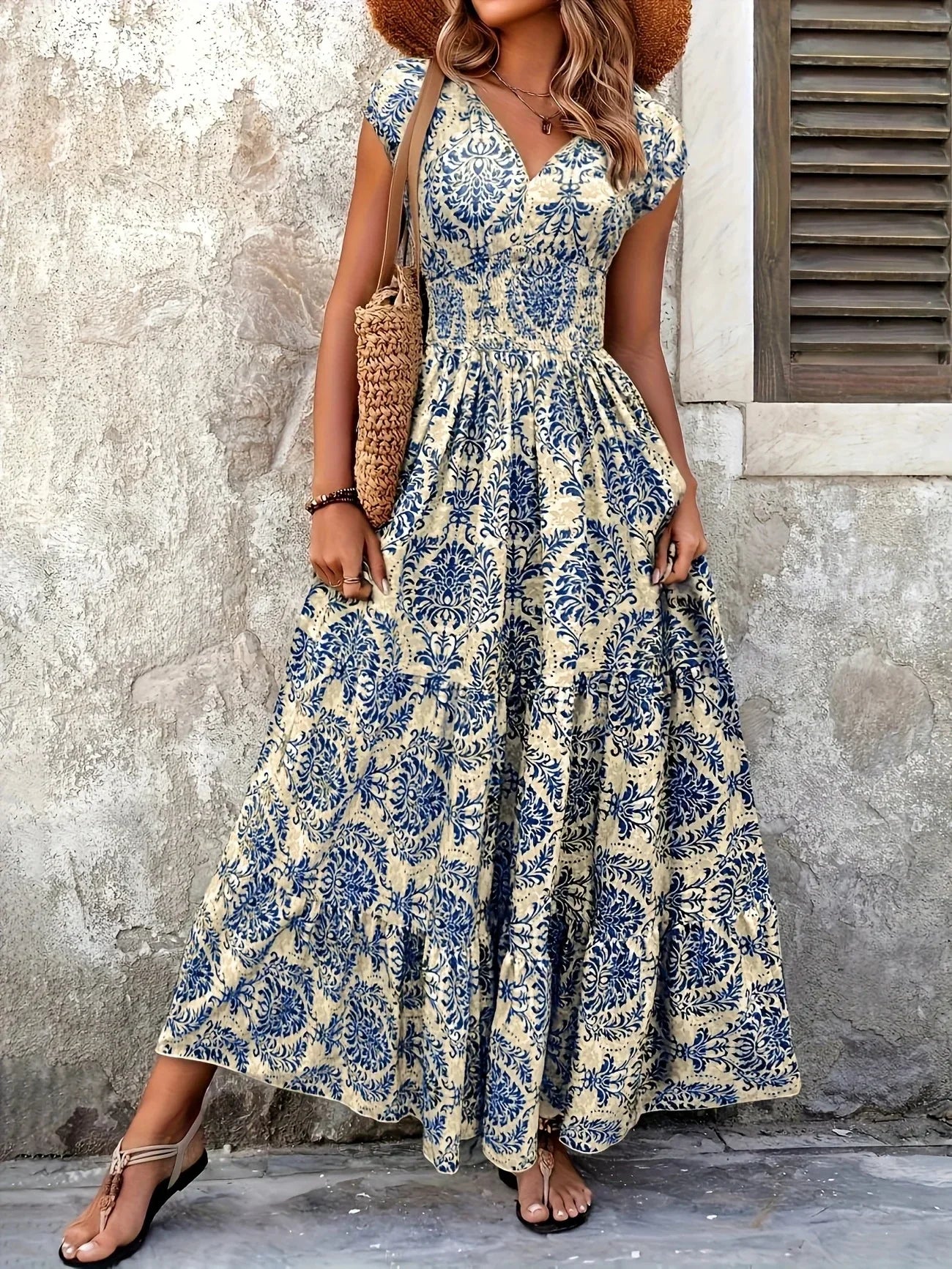 Bohemian Floral Printed V Neck Midi Dress For Women