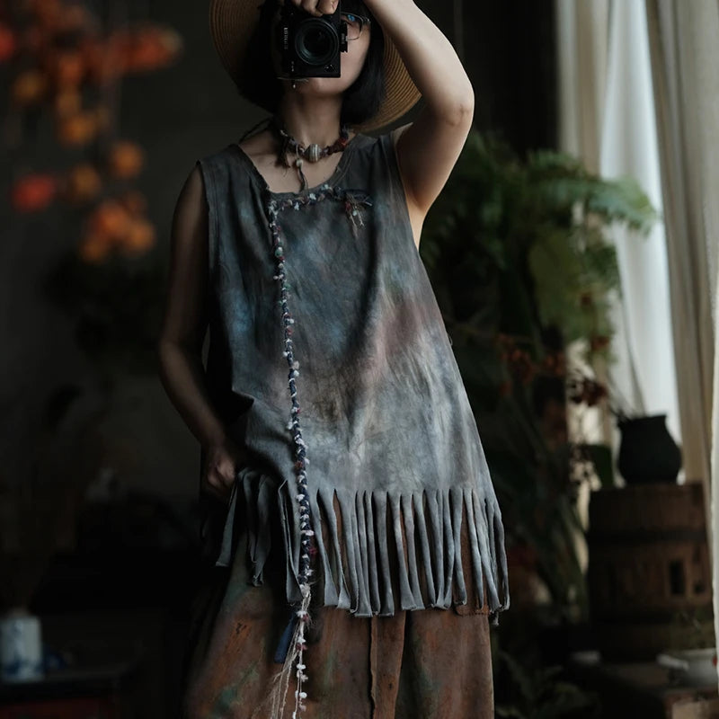Casual Loose Fit Print Tassels Tank Top Cotton for Women
