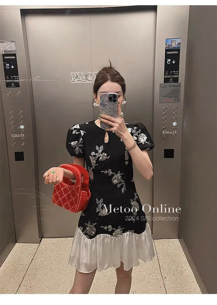 Slim Sequin Embroidery Chinese Style Splice Dress for Women