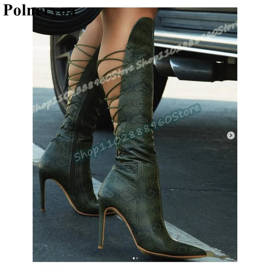 Knee High Dark Green Beveled Cross Tied Pointy Boots Thin High Heel Women Shoes Side Zipper Pointed Toe Casual Party Sexy Boots