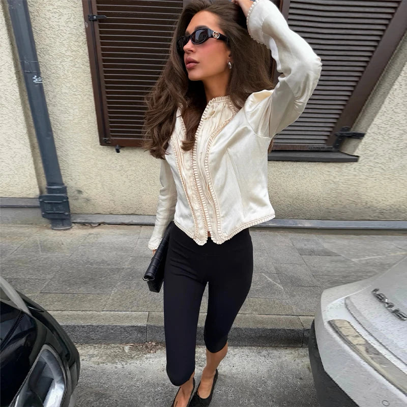 Urban Solid O-Neck Long Sleeve Pleated Patchwork Coat for Women