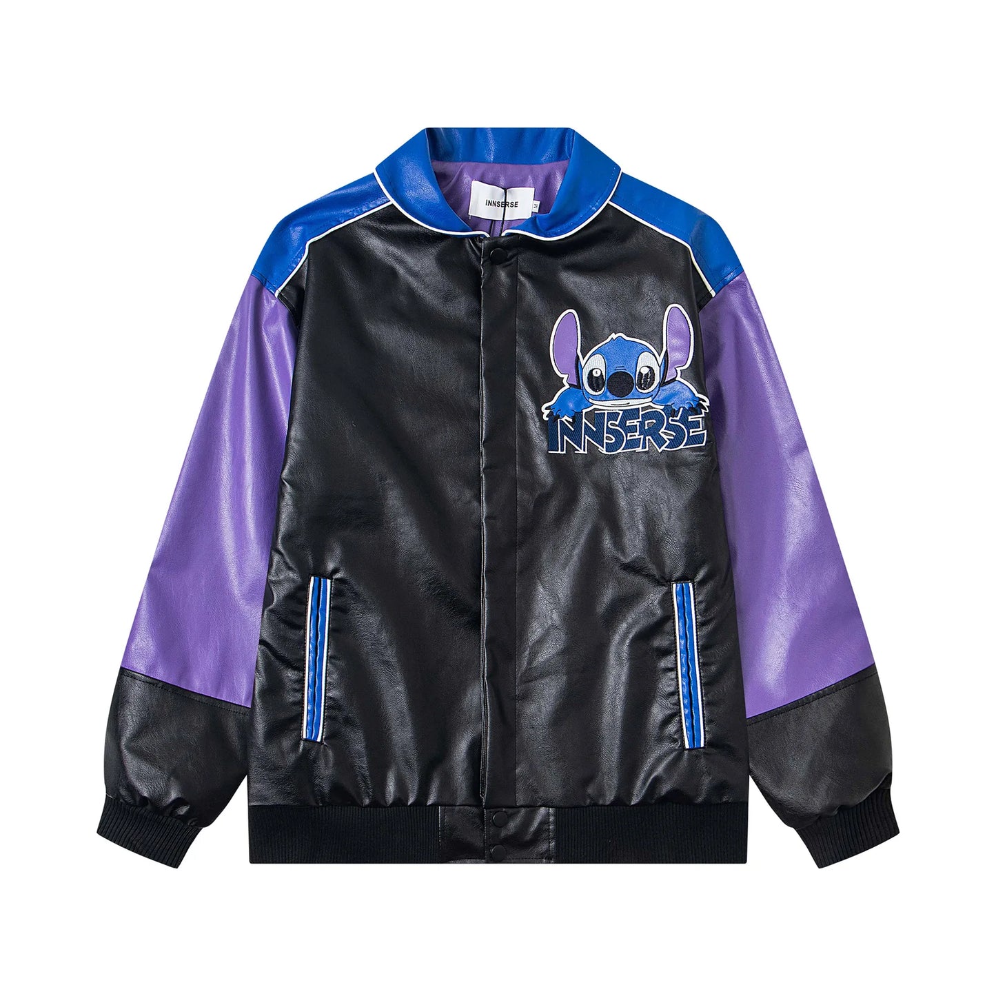 Trendy Cartoon Embroidery Color-Block Stand Collar Jacket Coat for Men and Women Autumn Winter Loose Casual Leather Jacket Coat