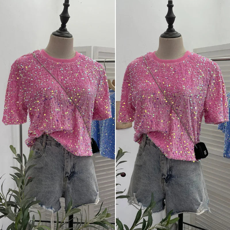 Spicy Girl Pink Sequins Short Sleeve T-shirt Round Neck Slimming Crop Top Blingbling Sexy Nightclub Multi Color Casual Tees