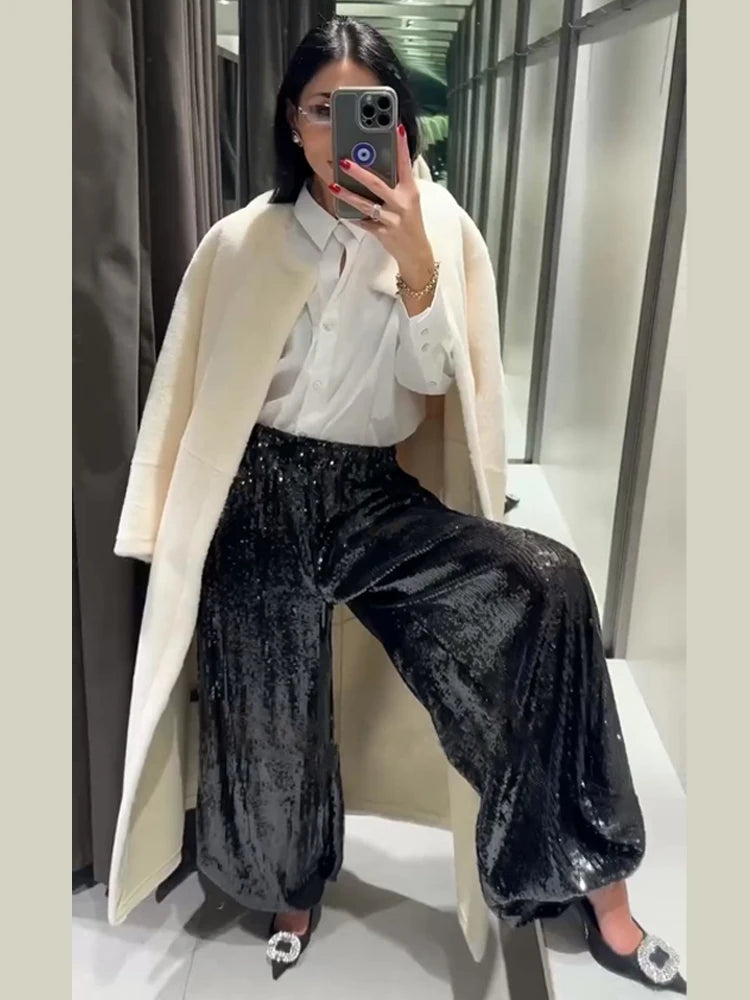 Lace Up Elegant White Faux Fur Long Coat for Women