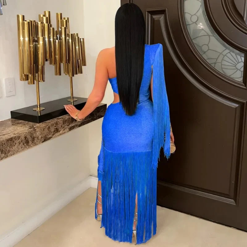 One Shoulder Tassel Ruched Maxi Evening Dress for Women