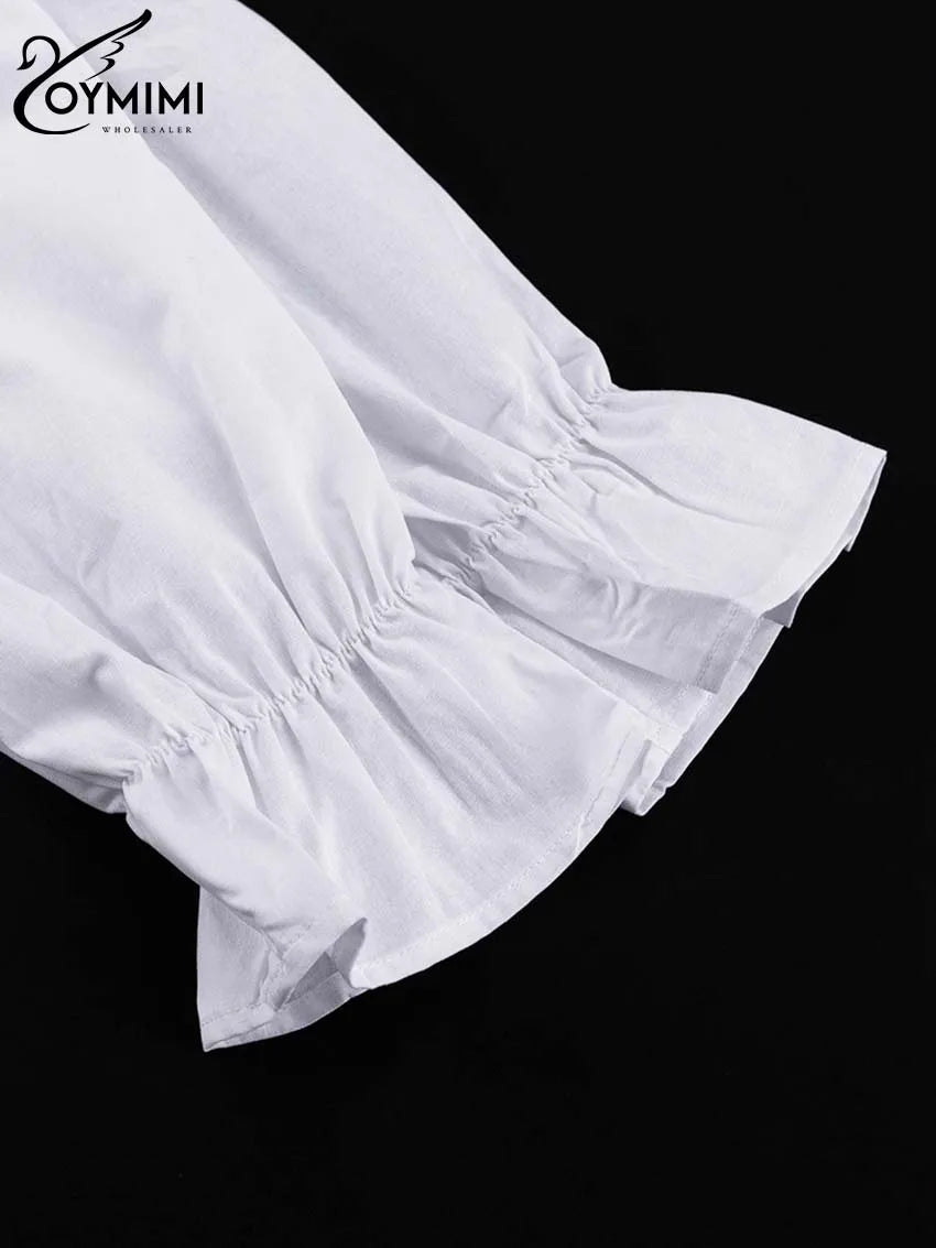 Oymimi Elegant White Cotton Sets For Women 2 Pieces Casual Lapel Long Sleeve Button Shirts And Ruffled Ankle-Length Pants Sets