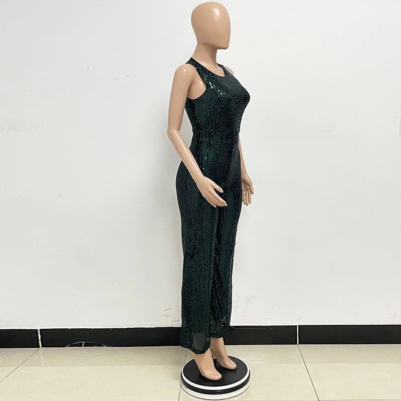 Elegant Silver Sequined Straight Cut Jumpsuit for Women