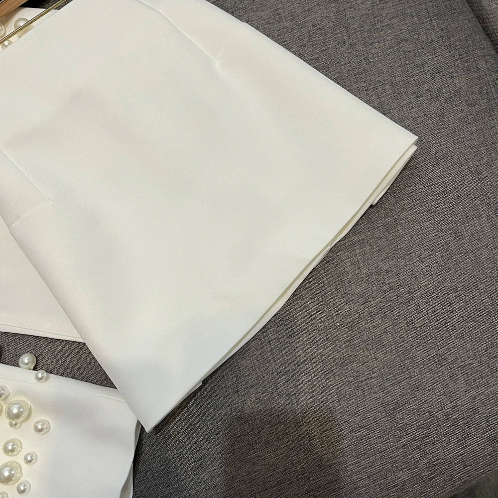 TWOTWINSTYLE Sexy Two Piece Sets For Women V Neck Long Sleeve Spliced Pearl Top High Waist Shorts Chic Set Female New KSE549891