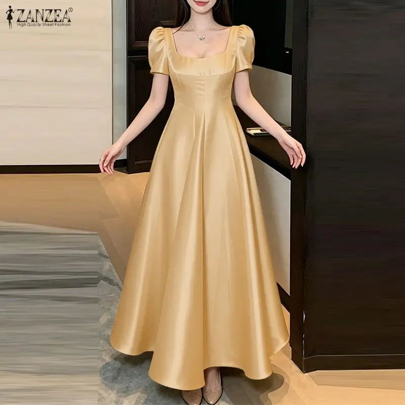 Square Neck Satin Puff Sleeve Maxi Dress