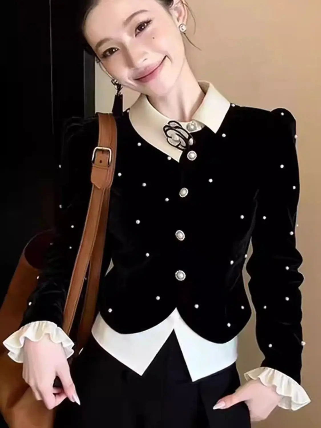Elegant Single Breasted Long Sleeve Velvet Shirt for Women