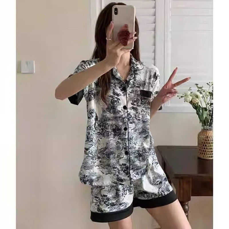Chinese Elegant Ink and Wash Painting Women's Pajamas Ancient Style Classical Flavor Sleepwear 2024 New Summer Fashion Nightgown