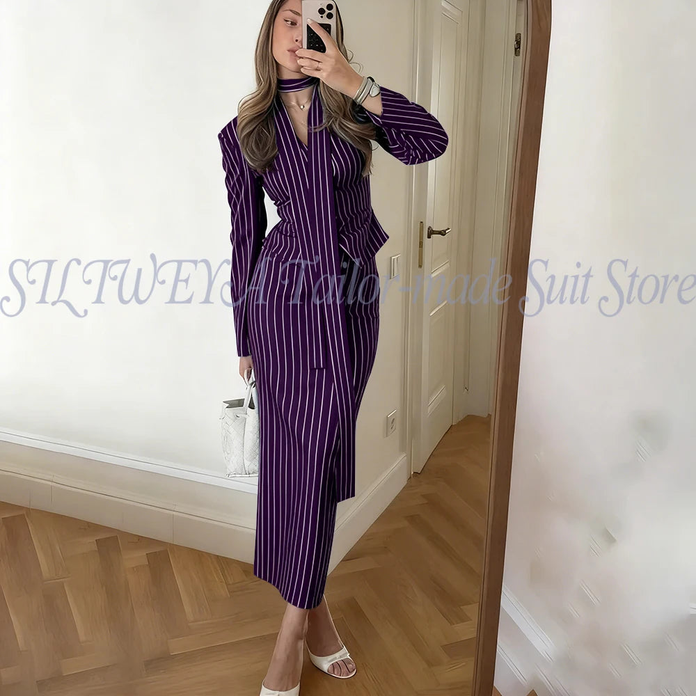 Single Breasted Blue Striped Blazer Skirt Set for Women