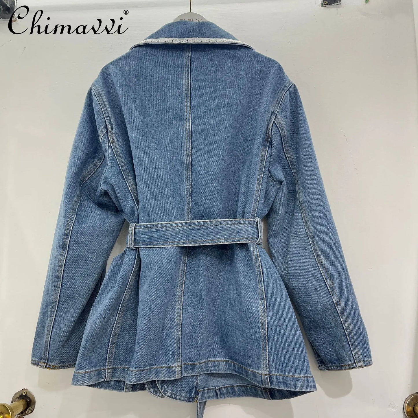 2026 Spring New Heavy Beaded Denim Jacket for Women Fashion Loose-fit Long-sleeve Streetwear Cinched Waist Denim Coat Tops