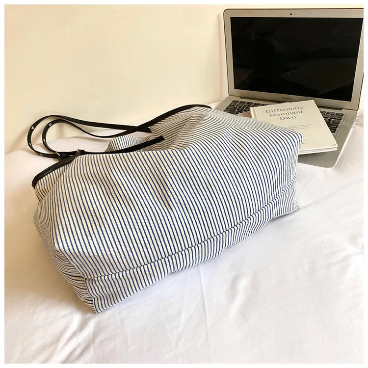 Casual Stripe Canvas Lightweight Shoulder Tote Bag for Women