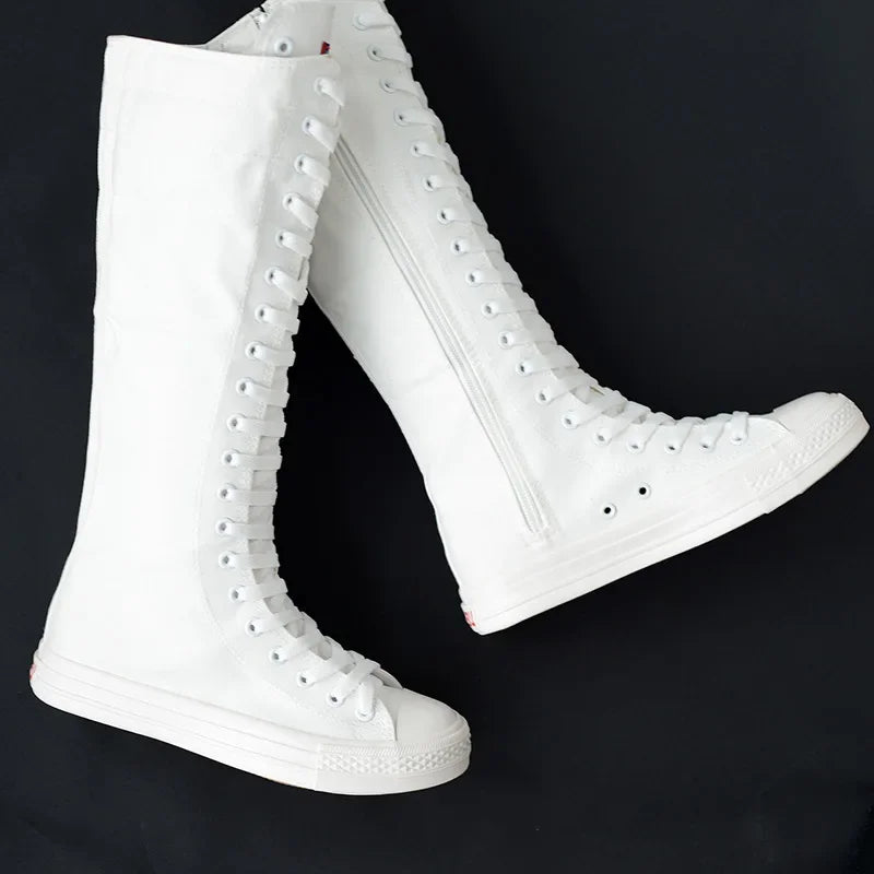 Casual Lace-Up Canvas Mid-Calf Flat Boots for Women