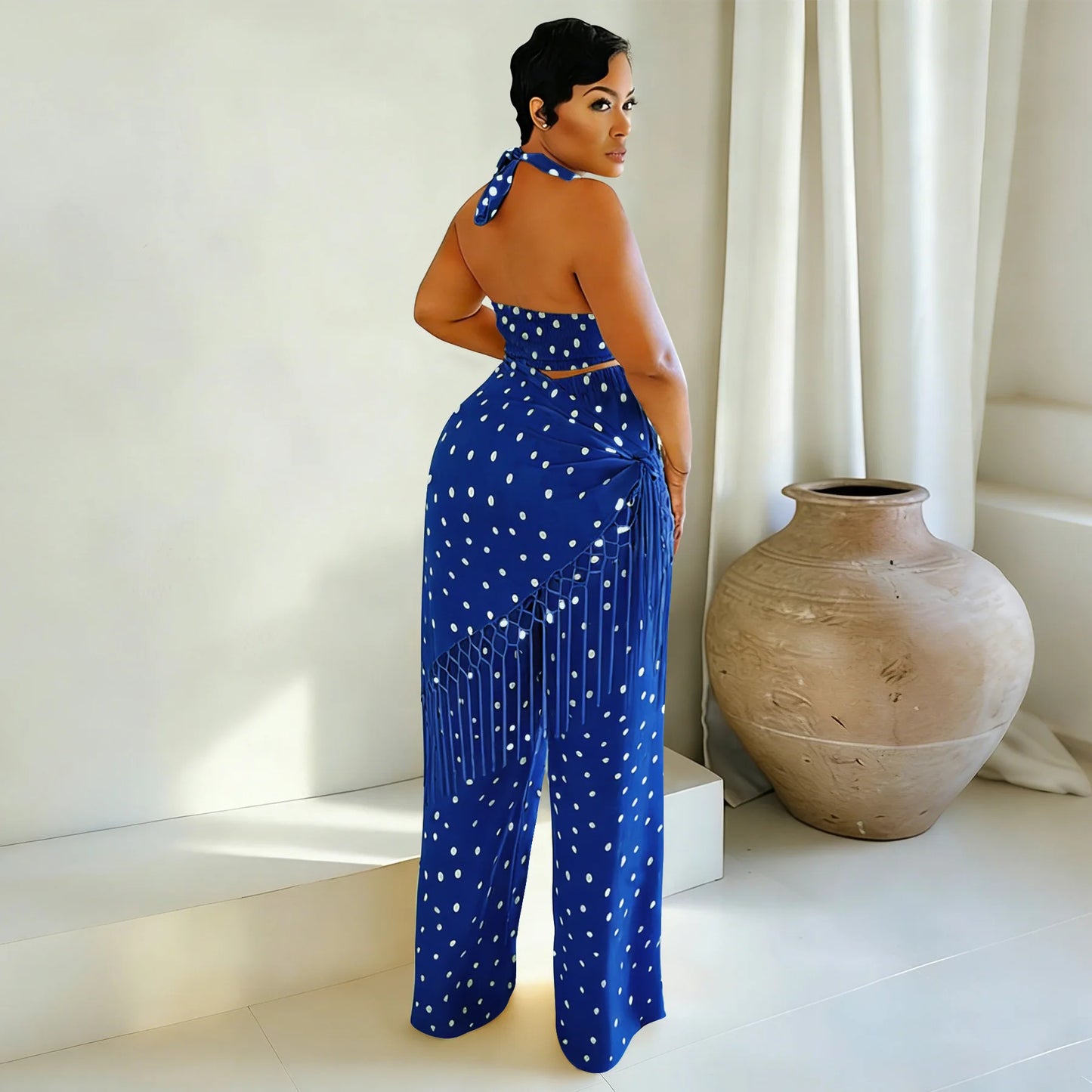 Polka Dot Print Halter Crop Top Tassel Fringe Two Piece Outfit for Women