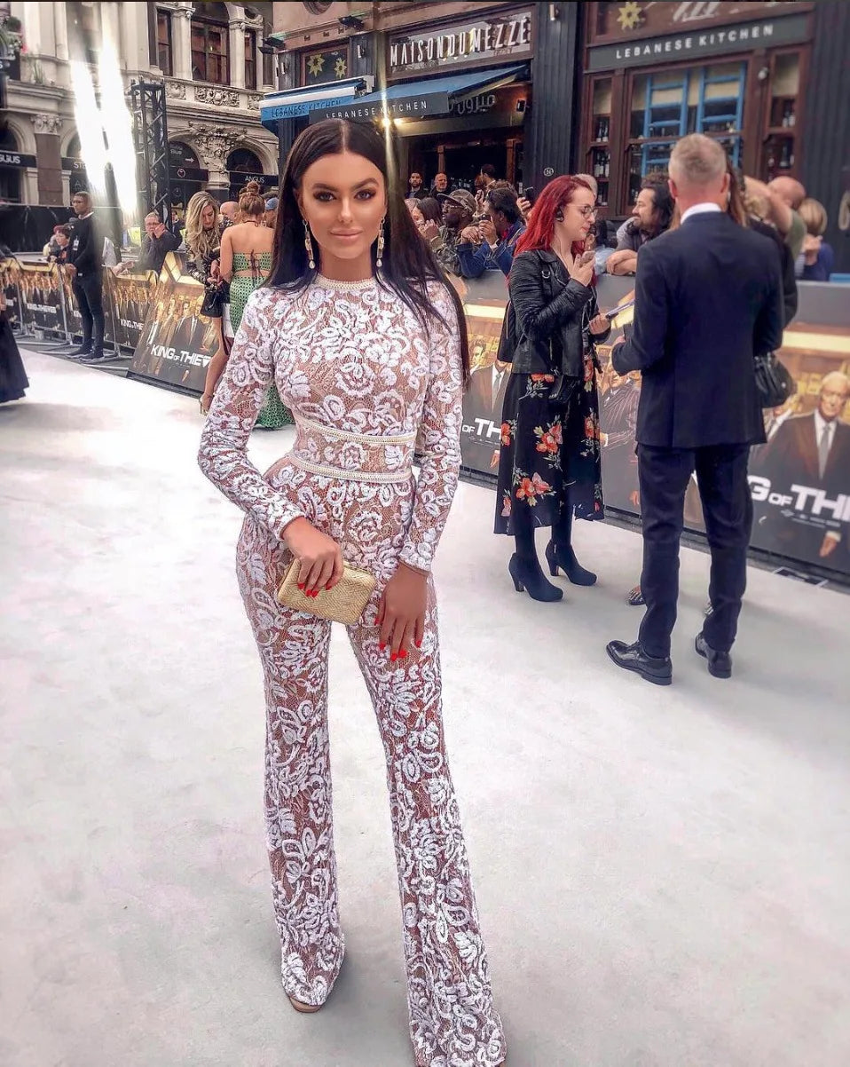 Solid Color Lace Hollow Out Jumpsuit Slim Fit for Women