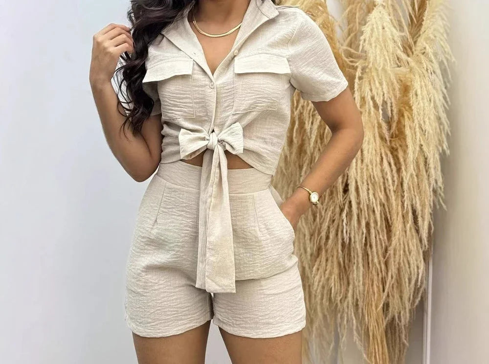 Casual Shorts 2 Piece Sets Woman Fashion Short Sleeved Lace Up Shirt and Half Pants Suit Streetwear 2025 New Spring and Summer