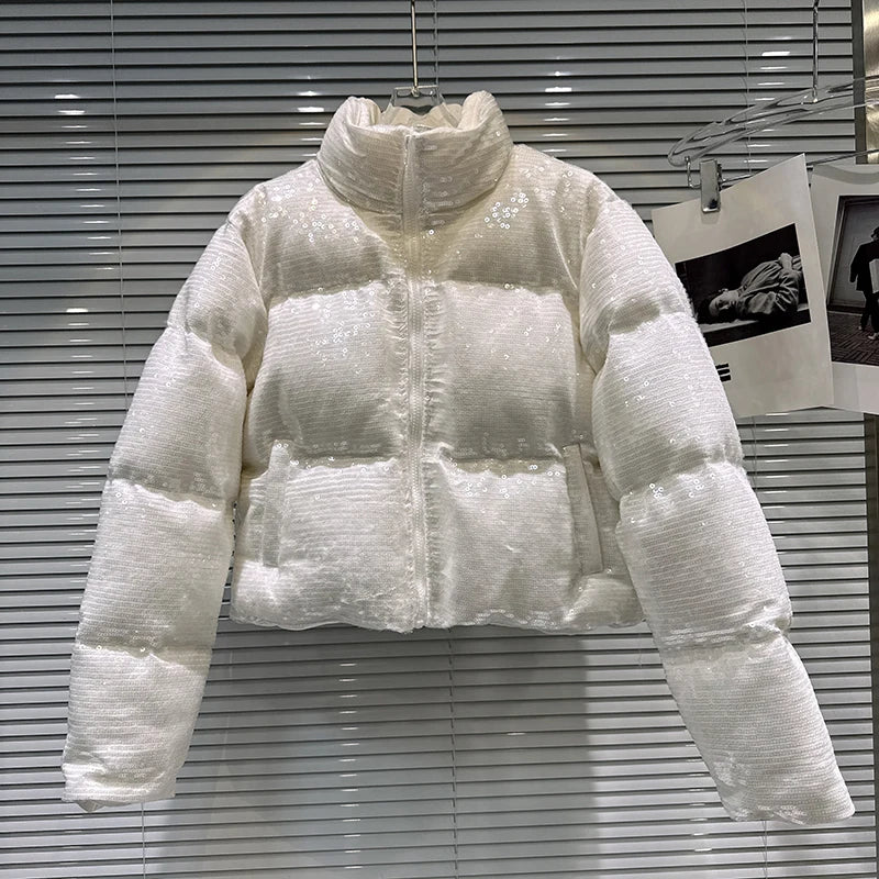 Shiny Sequin Stand Collar Padded Winter Jacket For Women