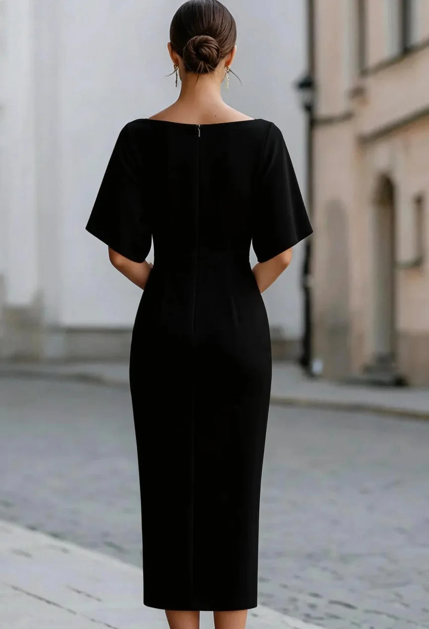 Elegant Office Midi Dress With Short Sleeves For Women