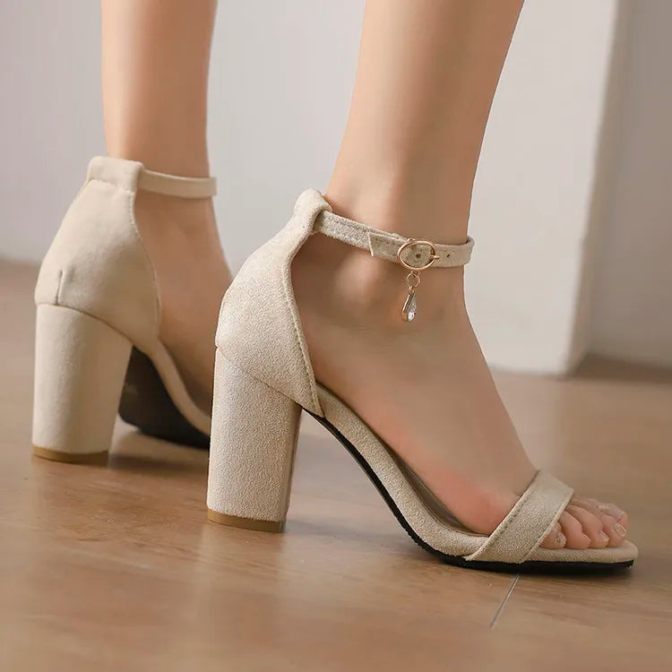 Beige Suede Rhinestone Block Heel Sandals