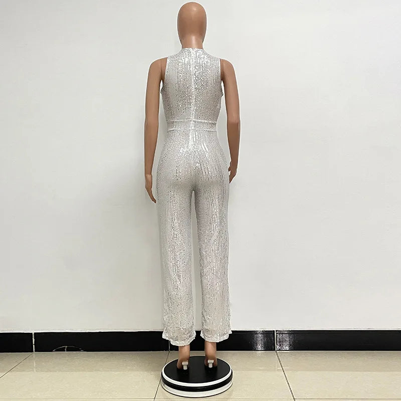 Elegant Silver Sequined Straight Cut Jumpsuit for Women