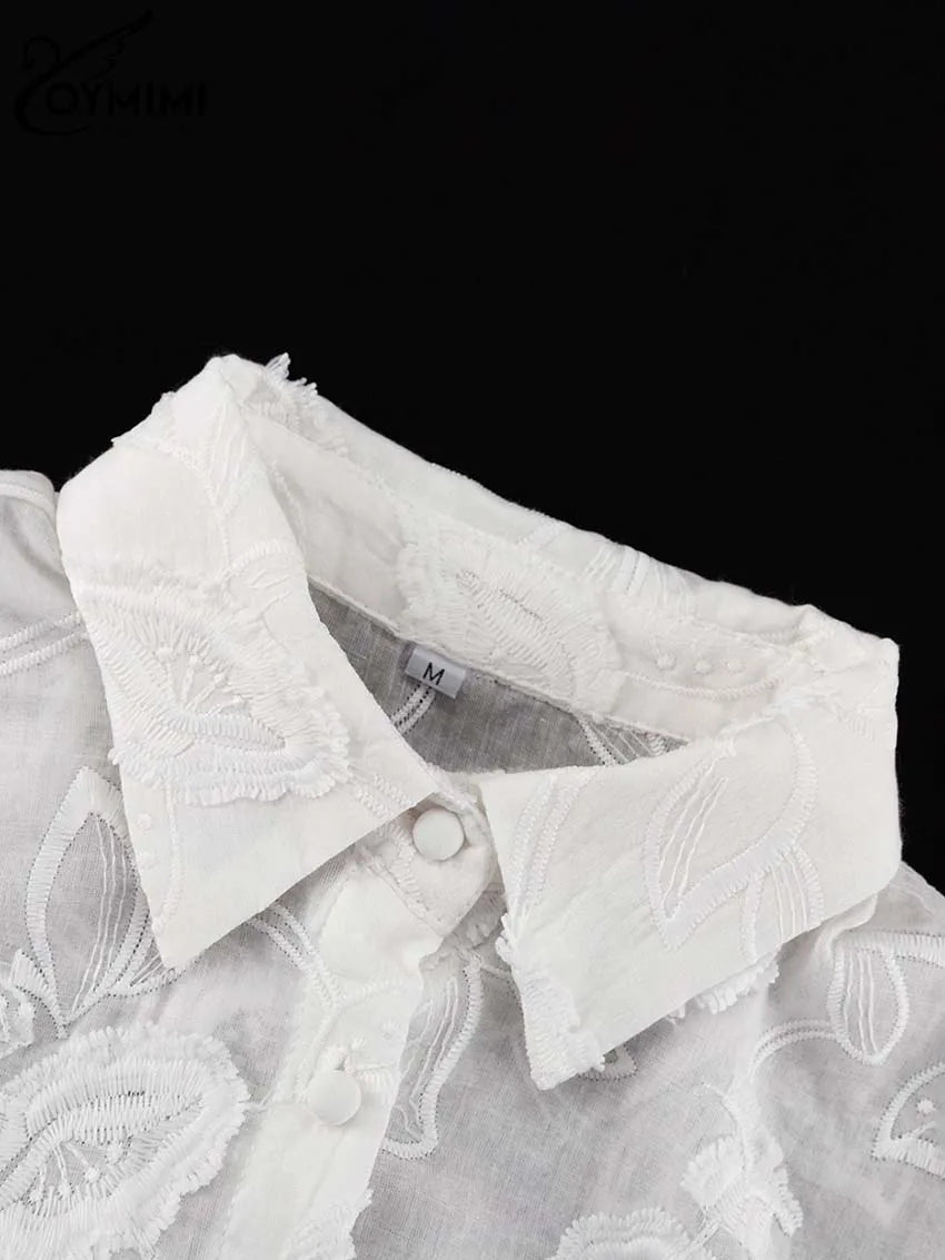 Oymimi Summer White Cotton 2 Piece Sets Women Outfit Casual Jacquard Button Wrist Sleeve Shirts And High Waist Shorts Female Set