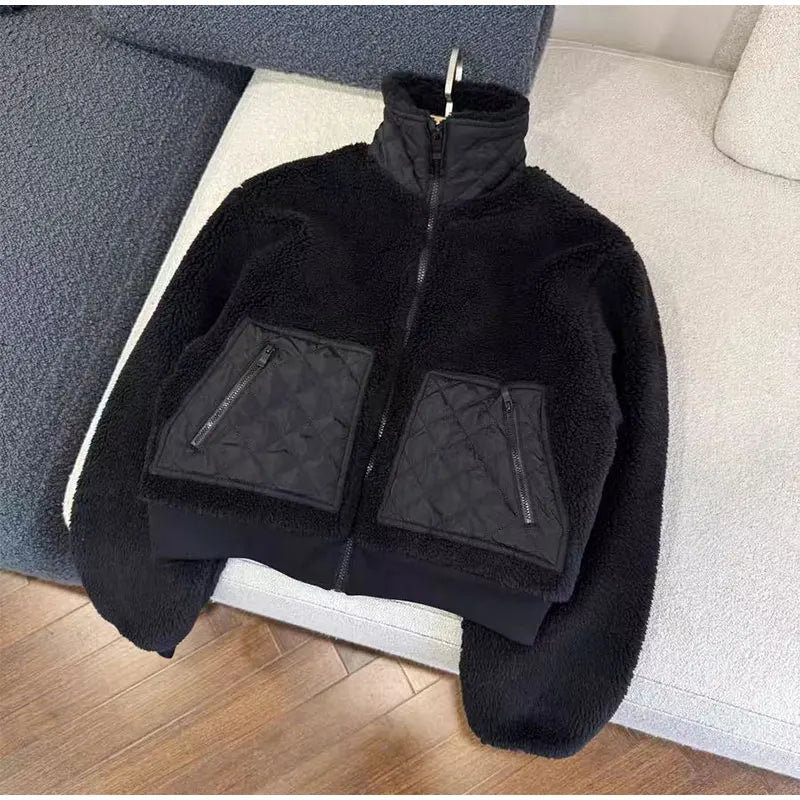 Elegant Lamb Women's Coat Vintage Stand Collar Thicken Full Sleeve Pockets Jacket Female 2025 Autumn Winter Woman Coats Outwears