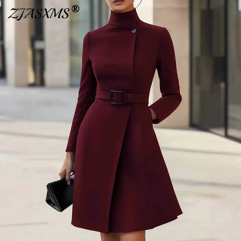 Elegant Turtleneck A-Line Office Dress With Pockets for Women