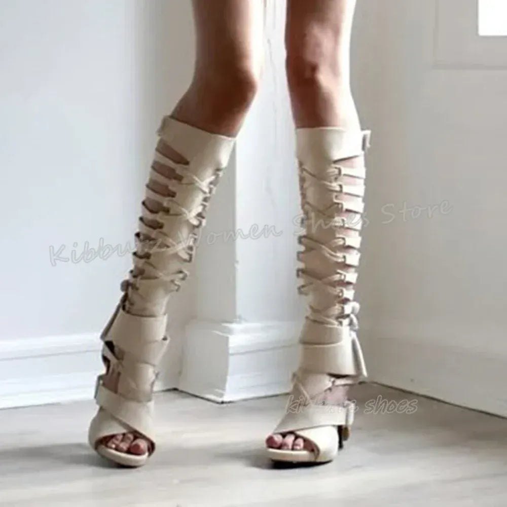 Suede Cross Strap Knee High Boots