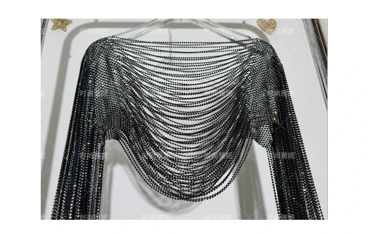 Fashion Heavy Diamond Shawl Bust Long Sleeve Top Sexy Girl Evening Dress V-Neck Slim Hip Wrap Tassel Suspender Dress 2-piece Set