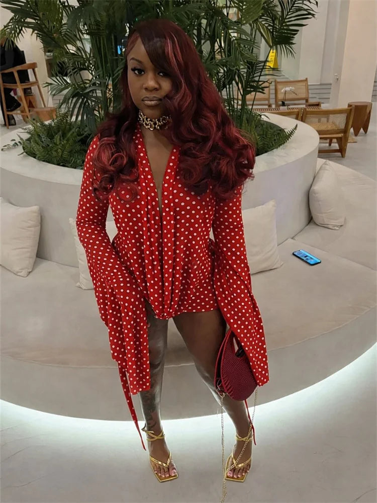 Sexy Polka Dot Backless Batwing Sleeve Dress for Women