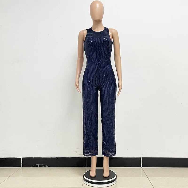 Elegant Silver Sequined Straight Cut Jumpsuit for Women