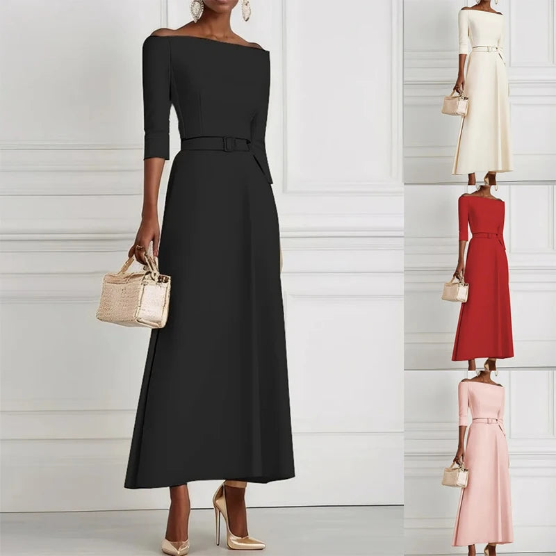 Women Sexy Off Shoulder Half Sleeve Party Dress Elegant Temperament Waist Solid Long Dress Fashion Draped Belt Tie-Up Maxi Dress