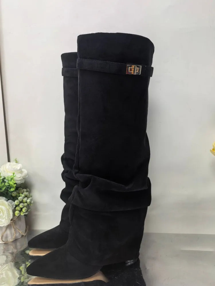 Pointed Toe Thick High Heel Mid Calf Boots for Women