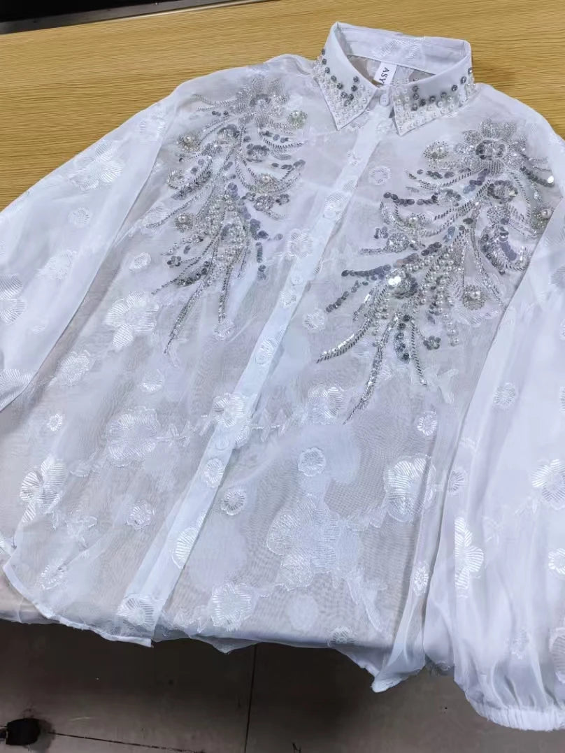 Elegant Embroidered Pearl Sequin Lantern Sleeve Blouse for Women