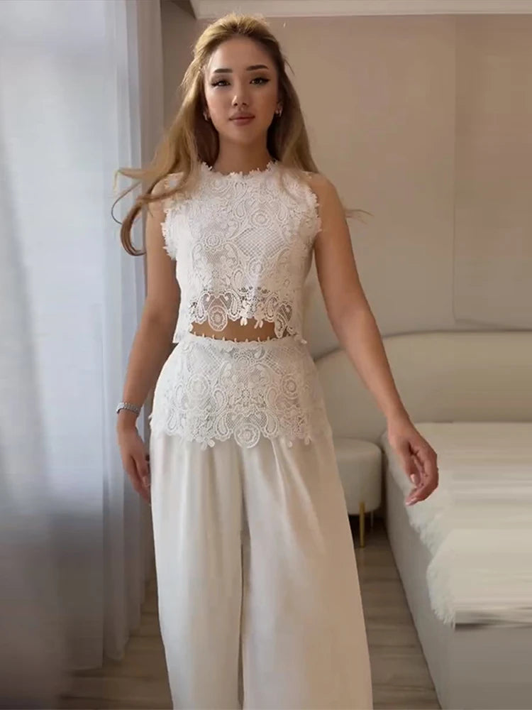 Elegant Crochet Vest And Wide Leg Pants Set for Women