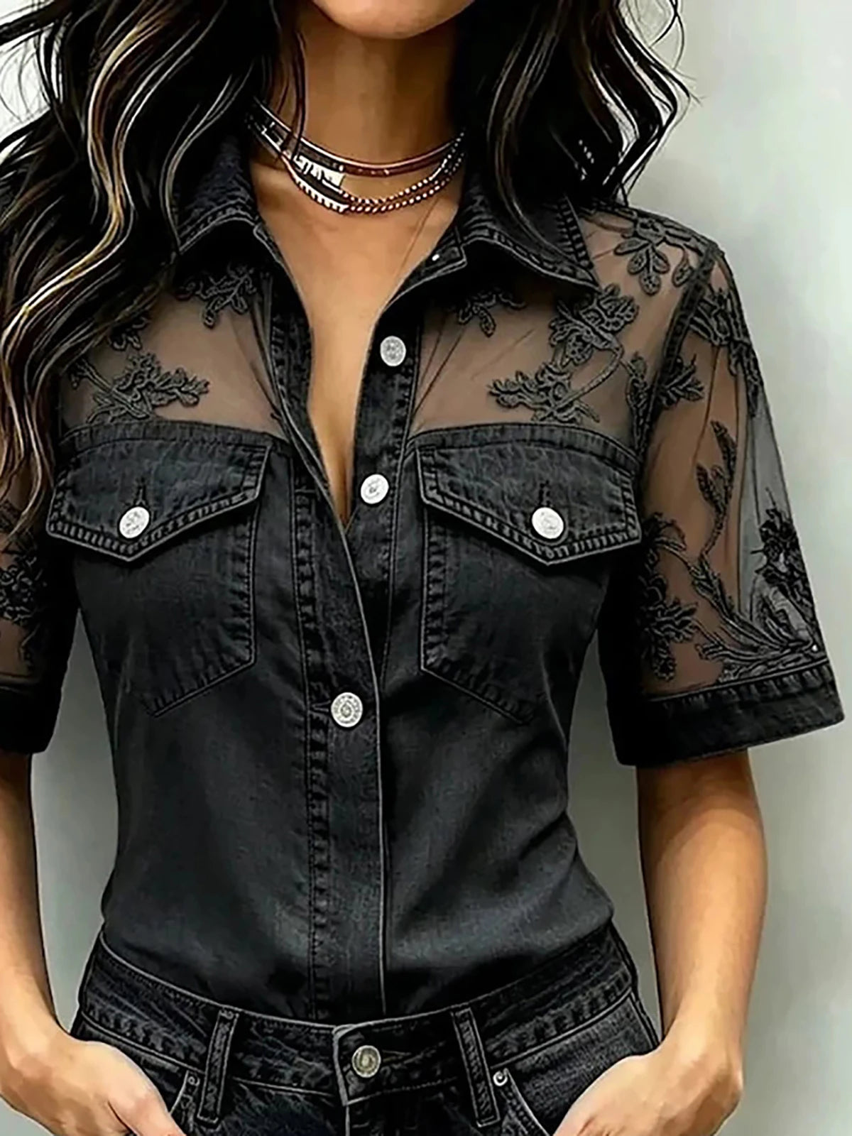 Soft Touch Floral Lace Patchwork Casual Denim Shirt For Women