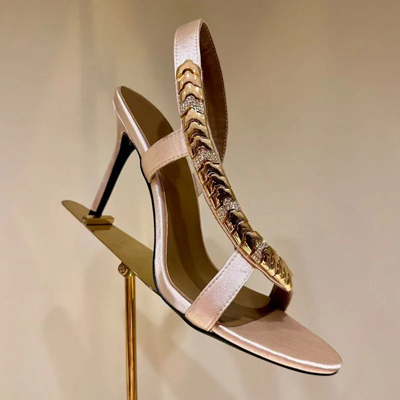 Glamorous Gold Chain Rhinestone Slingback Stiletto Heels for Women