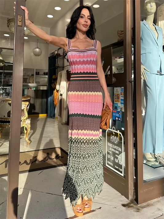 Patchwork Contrast Knitted Women' Dresses Square Collar Backless Sleeveless Bohemian Long Dress Female  Summer Lady Beach Robes