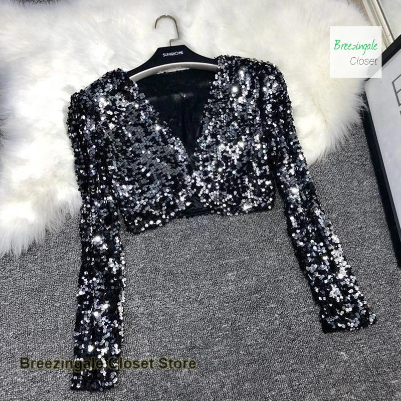Elegant French Style Short Sequined Jacket For Women