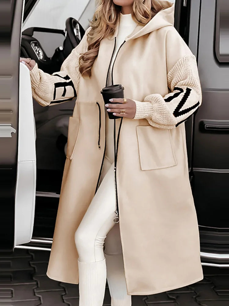 New Hooded Long Sleeve Cardigan Coat, Women Autumn Winter Simple Patchwork Zipper Jackets, Casual Lace-Up Fashion Maxi Outerwear