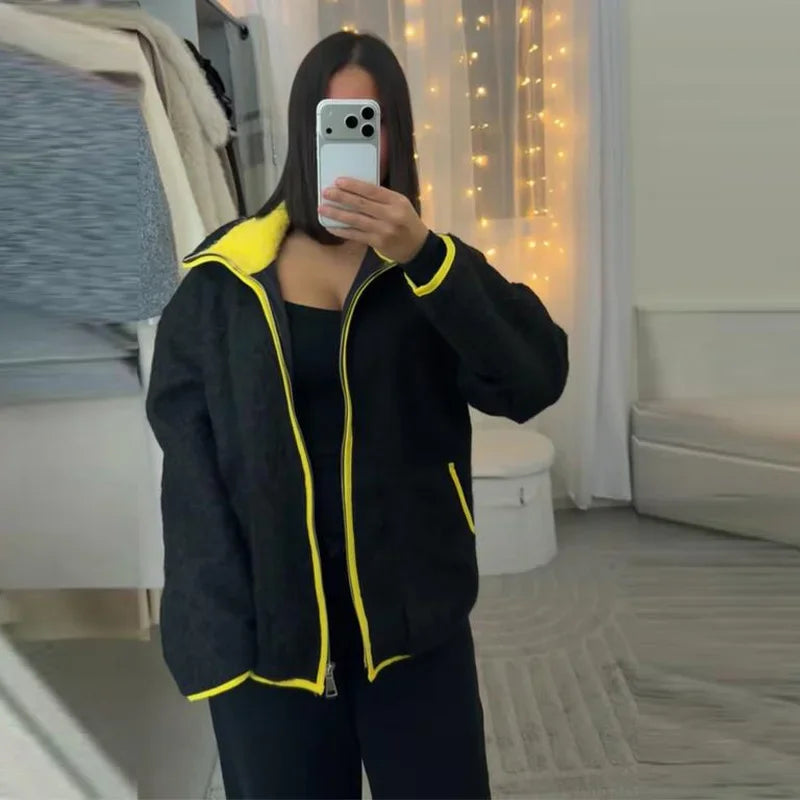 Fuzz Yellow Contrast Long Sleeve With Zipper Coat for Women