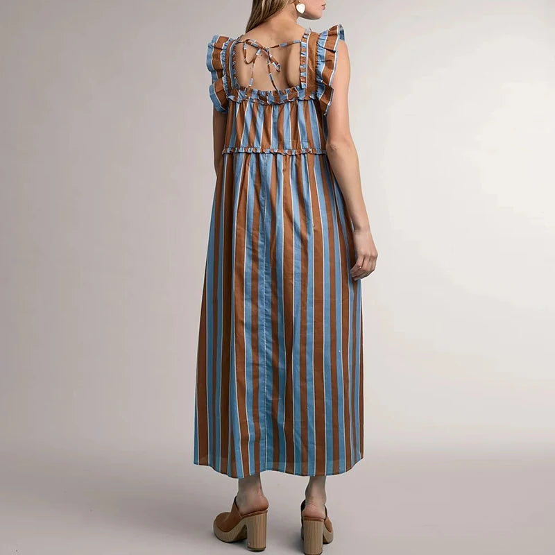 Striped Ruffle Trim Ankle Length Casual Dress for Women