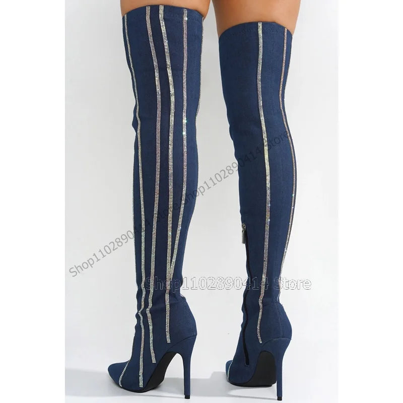 Crystal Striped Pointed Toe Side Zipper Boots for Women
