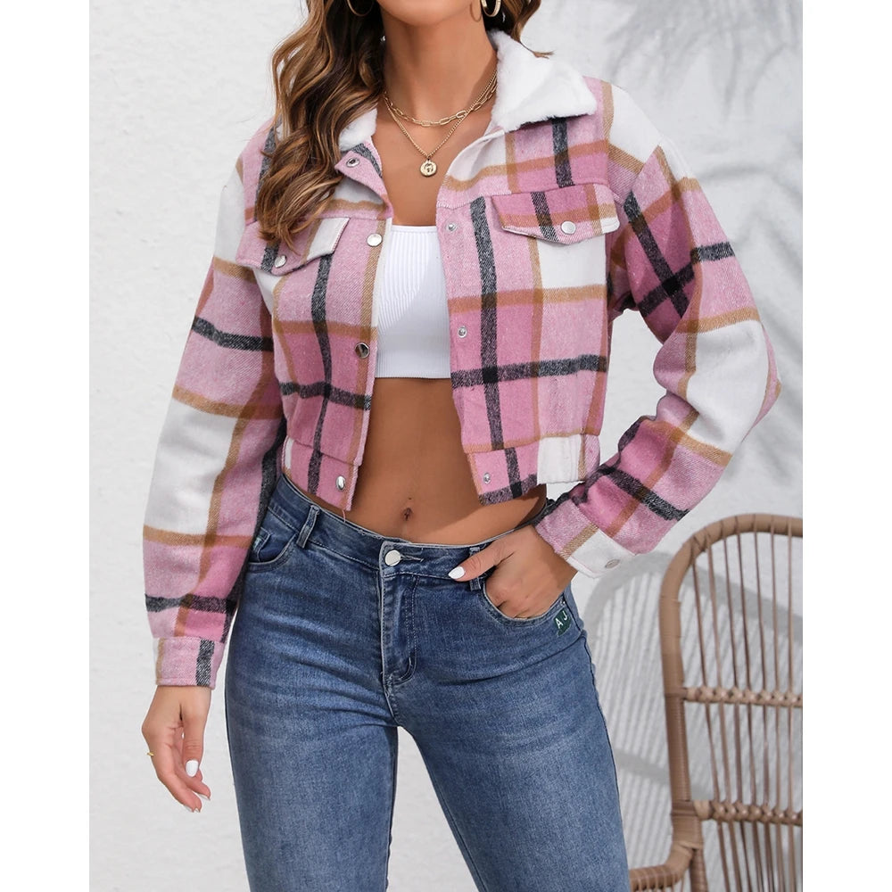 Women Fluffy Turn-down Collar Striped Print Covered Button Short Jackets Autumn Long Sleeve Coat Outfits Winter Clothing