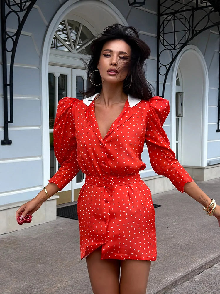 Elegant Polka Dot V Neck Puff Sleeve Mini Dress for Women