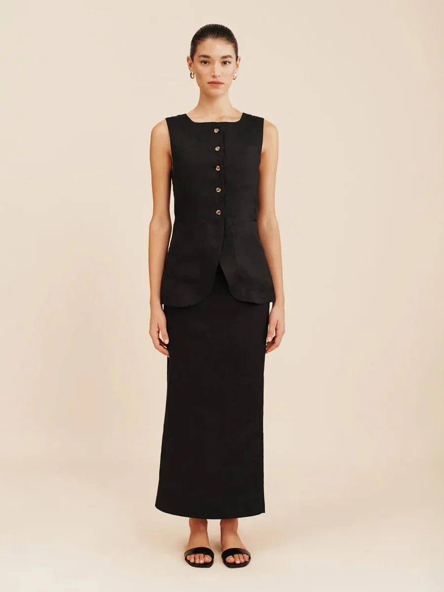 Breathable Linen High Waist Vest And Skirt Set For Women