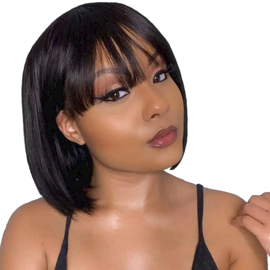 Human Hair Short Bob Wigs With Bangs Straight Hair Fringe Bob Wig for Women #4 Chocolate Brown #99j Dark Red Full Machine Wigs